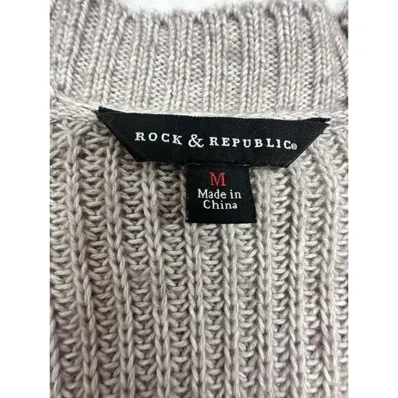 Rock & Republic Cardigan Sweater Womens Size Medium Zipper Accents Beige Tan - Picture 2 of 7